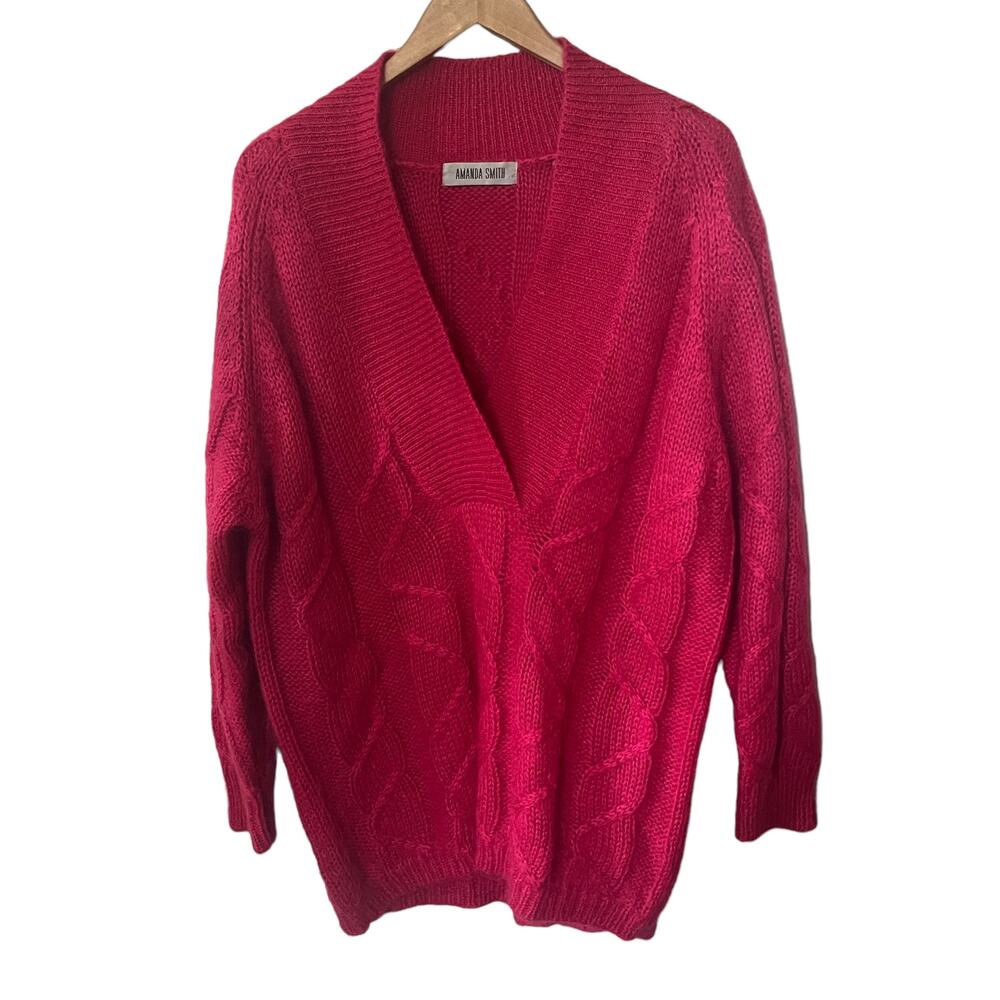 VTG 90s Sweater Amanda Smith Fuchsia Mohair Oversized Cable Knit Fuzzy M